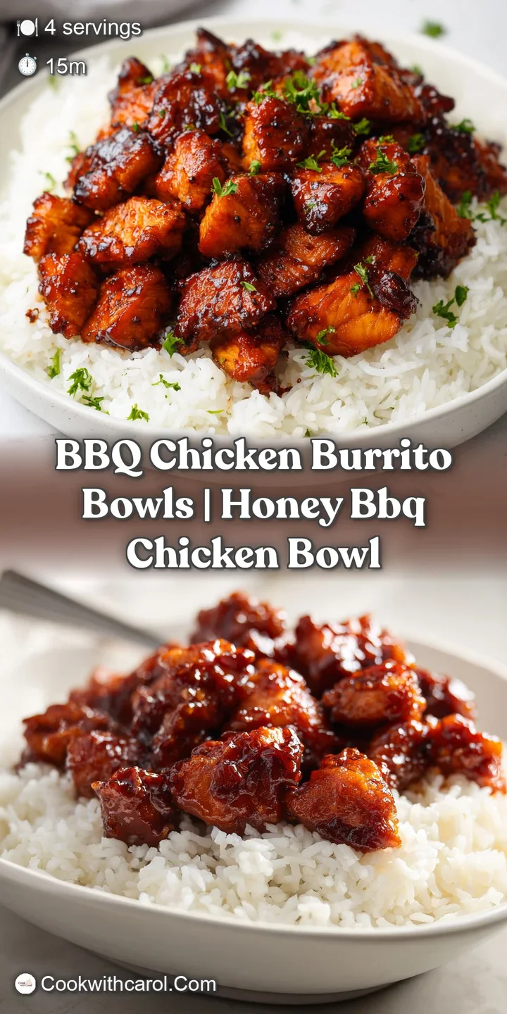 Close-up of sticky BBQ chicken chunks resting on fluffy rice with crisp red onions and creamy avocado cubes.