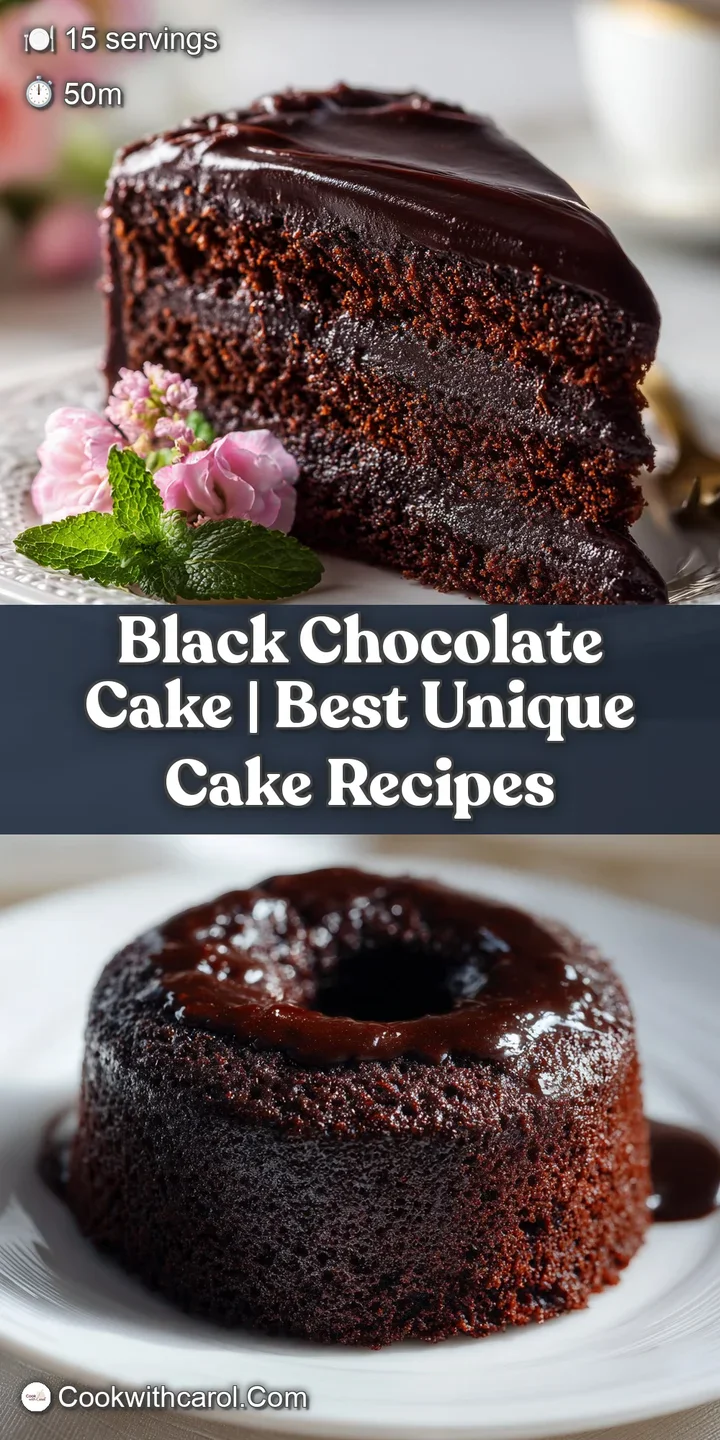 Intensely dark chocolate cake surface, glistening slightly, with a hint of a moist crumb visible in a cut.