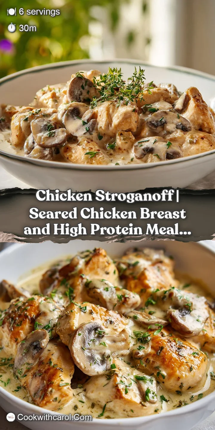 Macro shot of thick, velvety mushroom sauce glistening over tender chicken pieces with flecks of fresh green herbs.