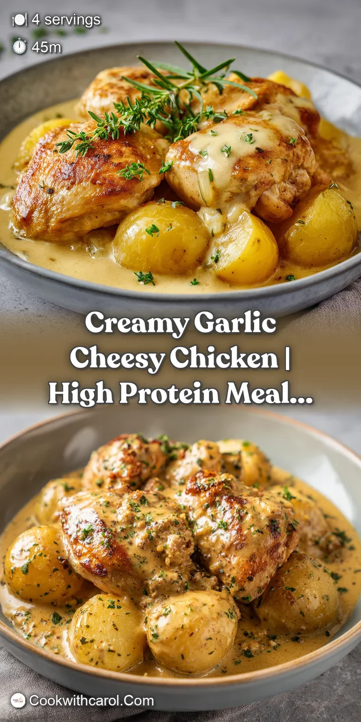 Close-up of bubbling, melted cheese stretching over a juicy piece of golden chicken in a creamy garlic glaze.