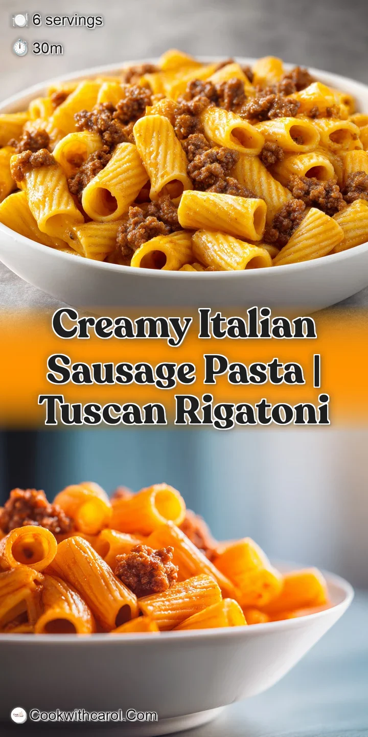 Close-up of glossy, cream-coated noodles and savory browned sausage pieces with steam rising from the plate.
