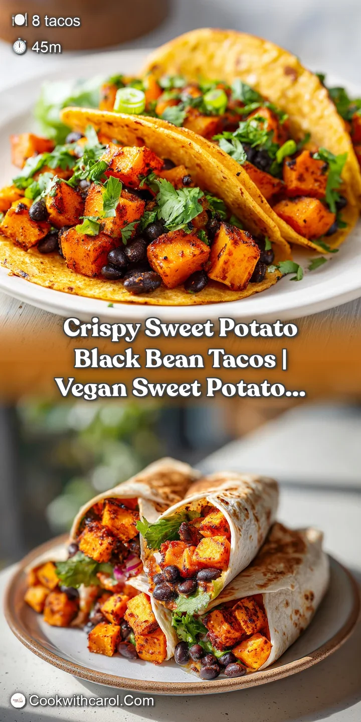 Close-up of roasted orange sweet potatoes and glossy black beans topped with fresh cilantro and zesty cream.