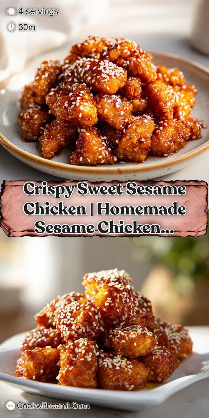 Extreme close-up of sticky, honey-colored chicken bites topped with ivory sesame seeds and a shimmering glaze.