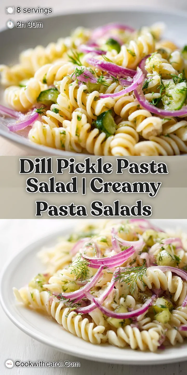 Macro shot of glossy, creamy pasta coated in a herb sauce with diced green pickles and fresh dill leaves.