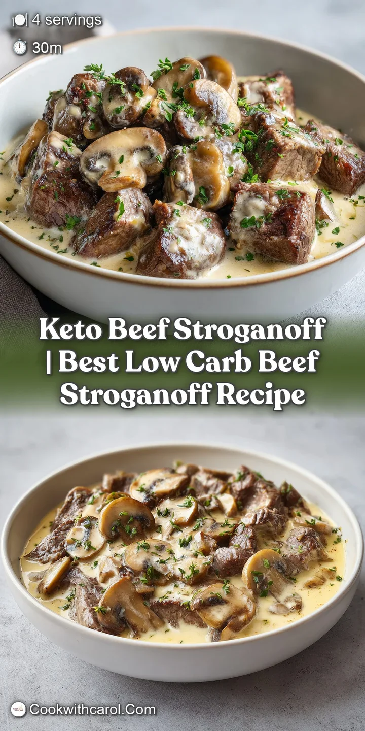 Macro shot of tender, seared beef strips drenched in a creamy, ivory-colored sauce with earthy sliced mushrooms.