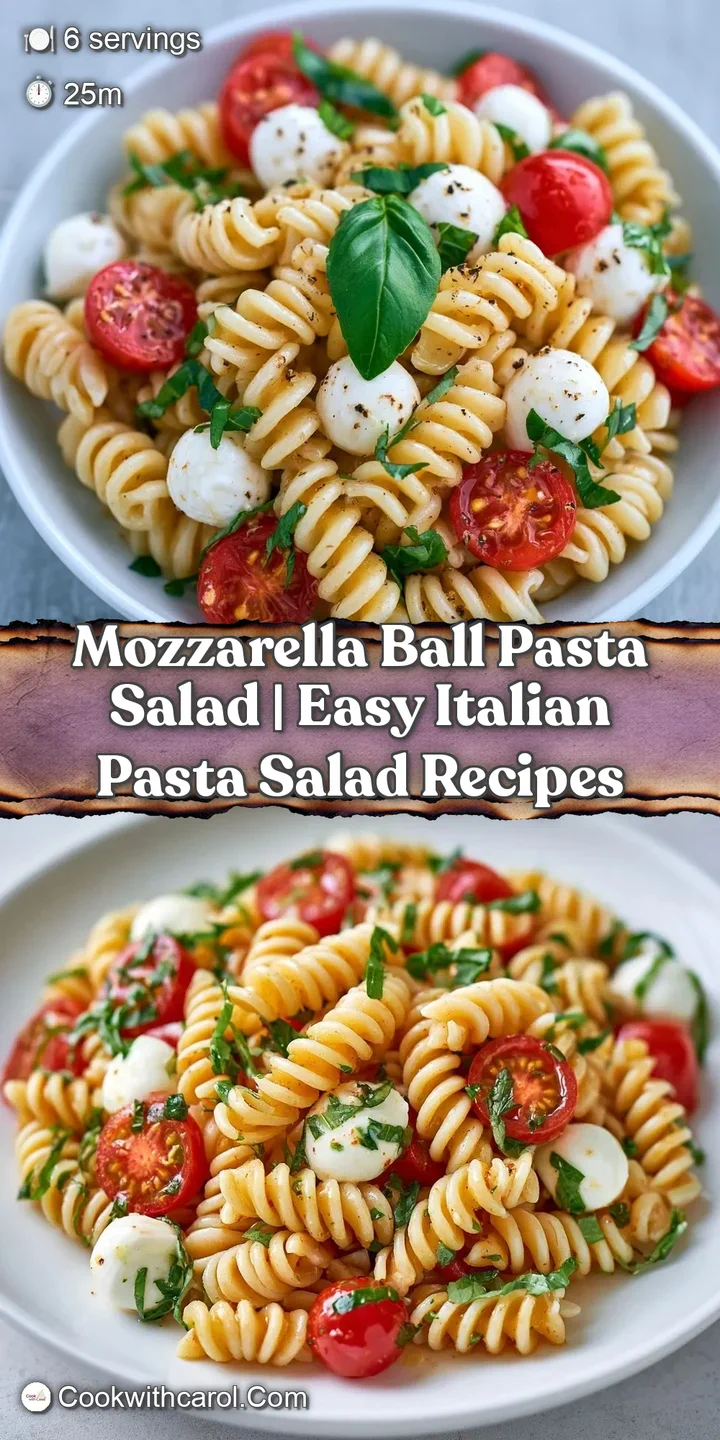 Close-up of glossy pasta spirals and creamy mozzarella pearls coated in a shimmering oil with sliced red tomatoes.