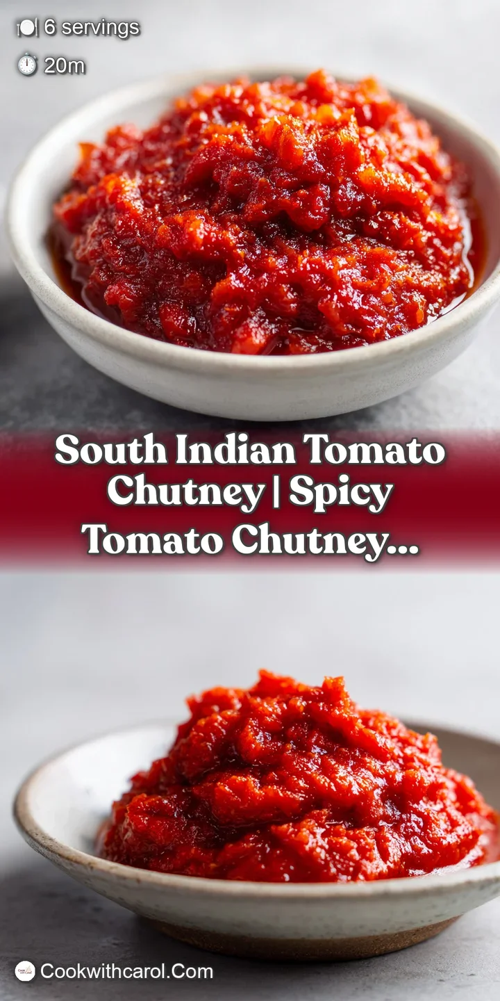 Close-up of thick, textured red tomato relish featuring glistening oil and toasted spices in a rustic clay pot.
