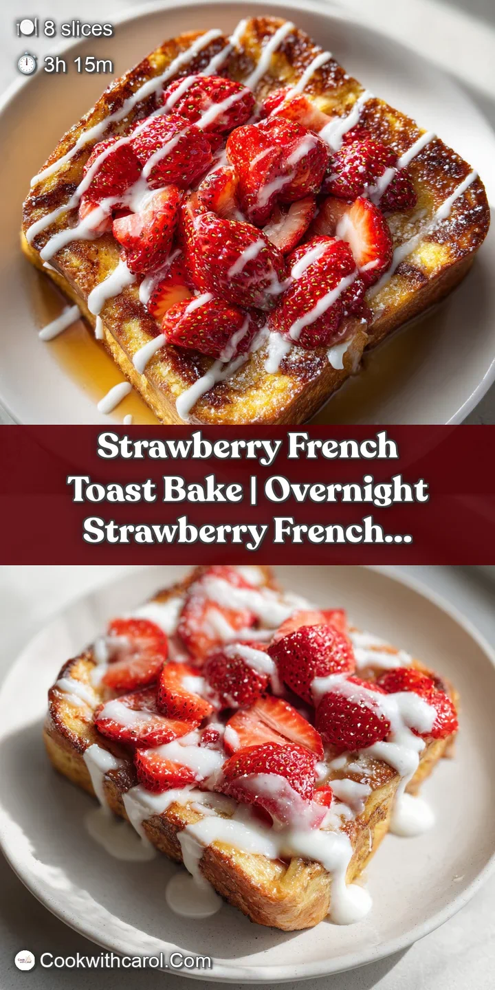 Close-up of juicy red strawberries nestled in fluffy, caramelized custard-soaked bread with a sugary crust