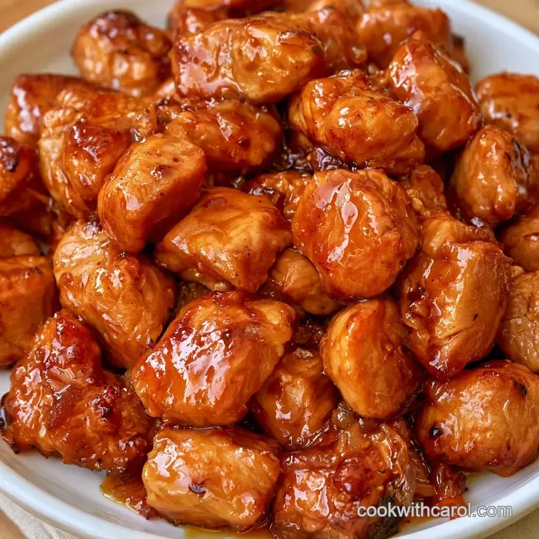 Golden-brown glazed chicken chunks arranged neatly on a white plate, garnished with sliced scallions and sesame.