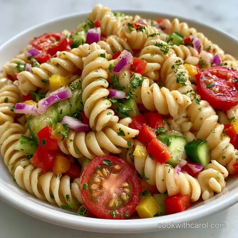A vibrant medley of spiral pasta, diced cucumbers, and red onion served in a white ceramic bowl with fresh parsley.