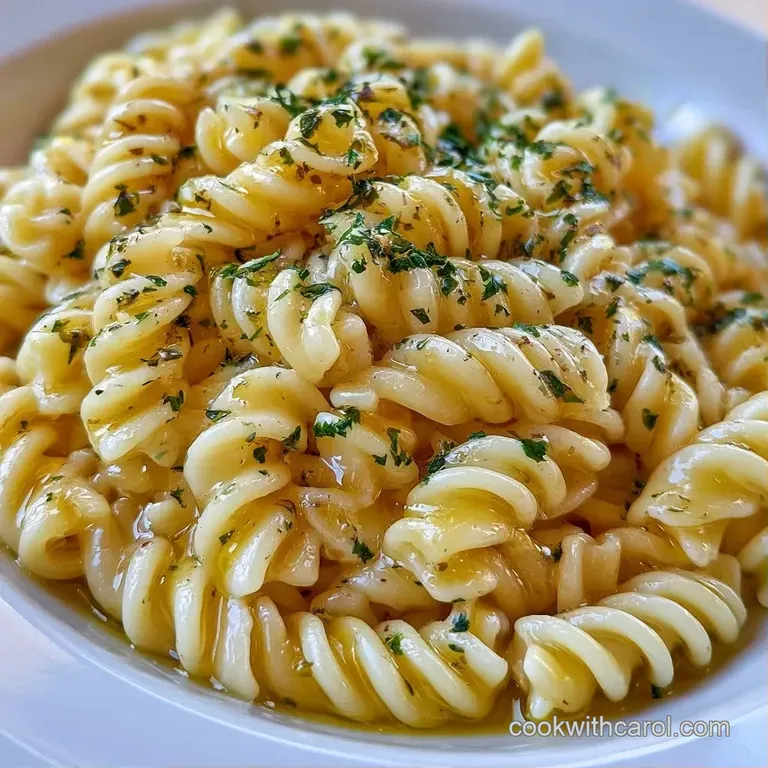 A white platter featuring colorful rotini pasta tossed with sliced olives, red peppers, and a dusting of parmesan.