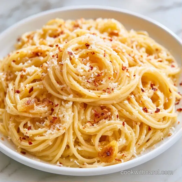 Swirled pasta topped with golden garlic chips and shaved parmesan on a matte white ceramic plate with a linen napkin.