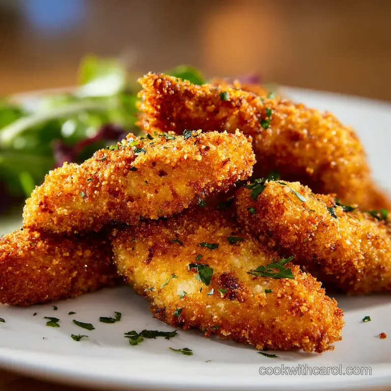 Juicy chicken breast with a crunchy golden coating, artfully arranged with vibrant green herbs on a white plate.