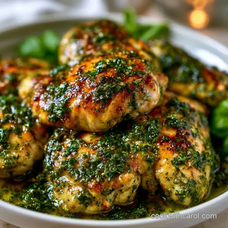 Sliced succulent chicken coated in bright green pesto, served with roasted carrots and a fresh parsley garnish.