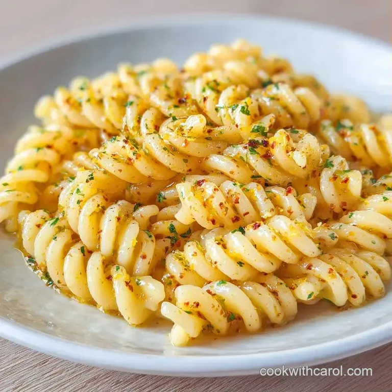 A white ceramic bowl of pasta topped with shaved parmesan and fresh basil, set against a rustic wooden tabletop.