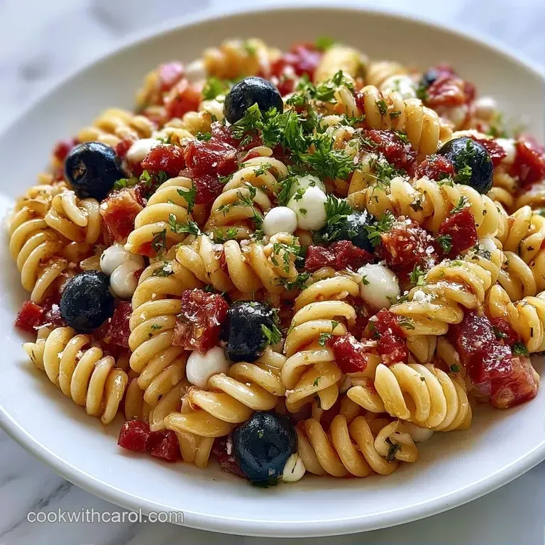 A white ceramic bowl filled with mixed pasta, bright red peppers, and green olives, topped with fresh chopped parsley.