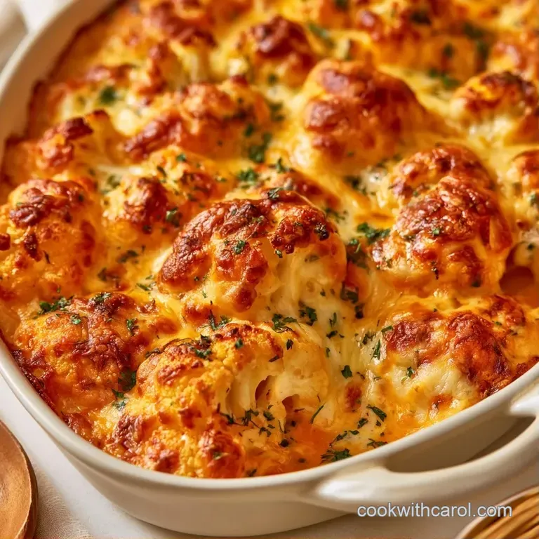 A neat portion of bubbly, cheesy cauliflower topped with fresh parsley on a white ceramic plate with a side of greens.