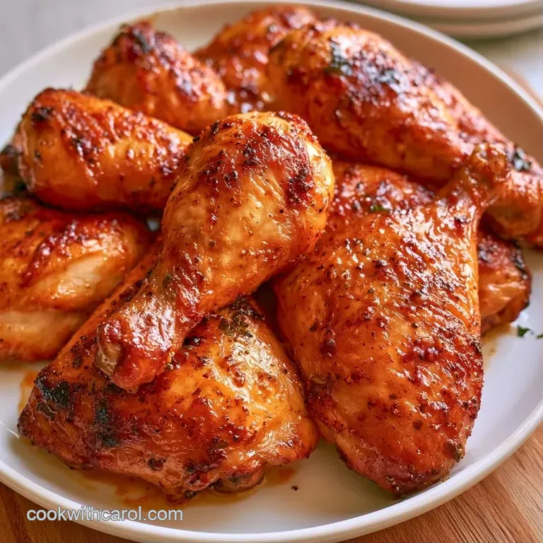 Crispy roasted chicken legs served on a white platter with fresh parsley sprigs and bright orange glazed carrots.