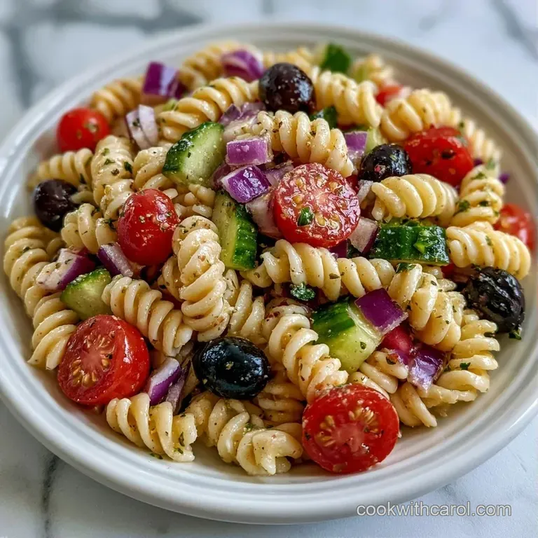 Chilled rotini pasta tossed with bright red peppers and fresh parsley served on a minimalist white ceramic plate.
