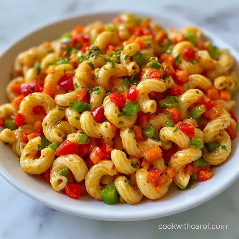 A large white ceramic bowl filled with creamy macaroni and vibrant bits of orange and red vegetables on a wooden table.