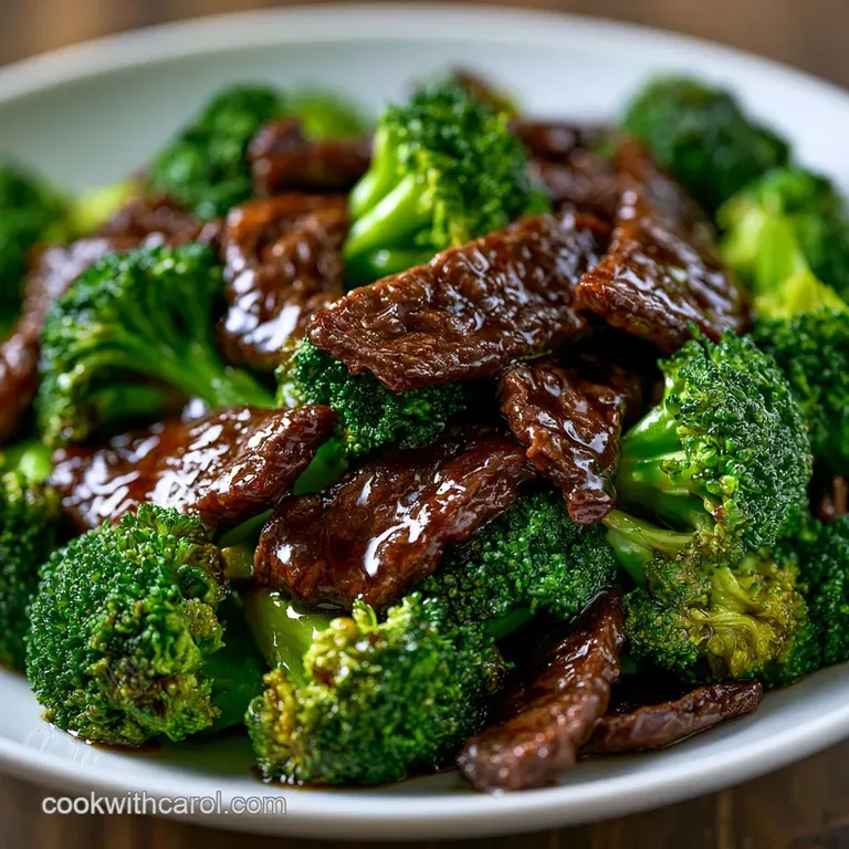 Glossy sliced beef and bright green broccoli in a white bowl, garnished with sliced green onions on top.