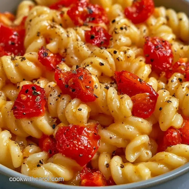 Vibrant pasta tossed with crisp red and yellow peppers served in a white ceramic bowl on a light wooden table.