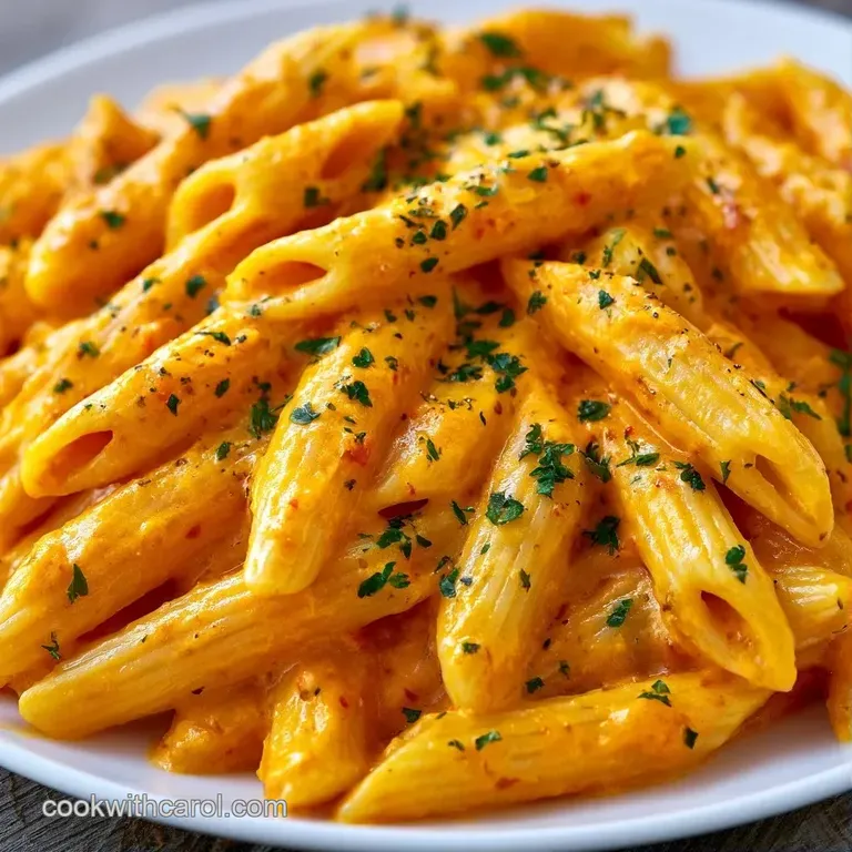 Elegant white bowl filled with glossy pasta and bright red peppers, topped with shaved parmesan and fresh herbs.