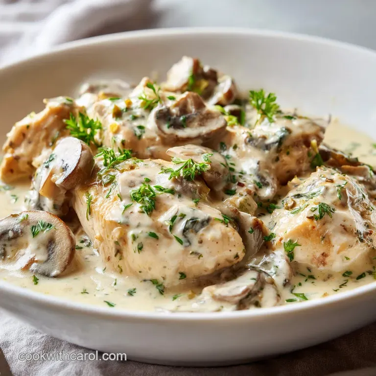 Elegant shallow bowl of velvety cream sauce with golden chicken and sliced mushrooms, finished with bright green herbs.