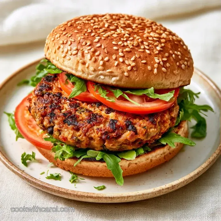 A stack of dark, hearty patties topped with sliced avocado and red onion, served on a minimalist white ceramic plate.