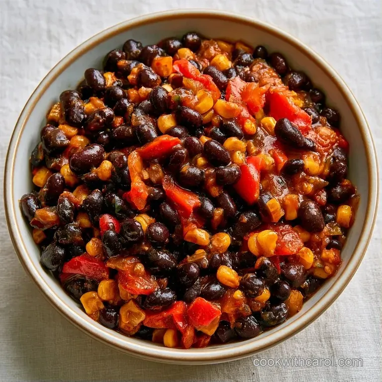 Colorful black bean and corn mixture served with creamy sliced avocado and a swirl of cool white sour cream.