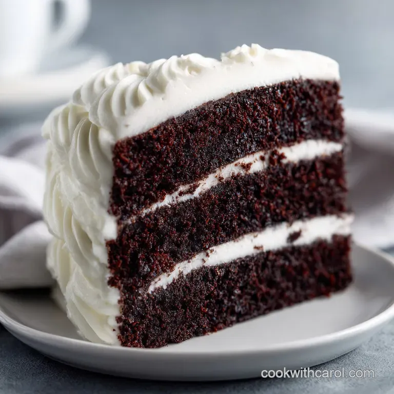 A slice of dark cocoa cake on a white plate, topped with a fresh raspberry and a dollop of whipped cream.