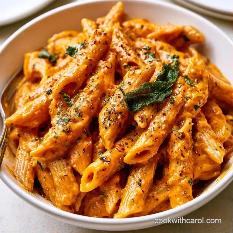 Al dente pasta swirled in a glossy orange sauce, garnished with golden sage and curls of white parmesan.