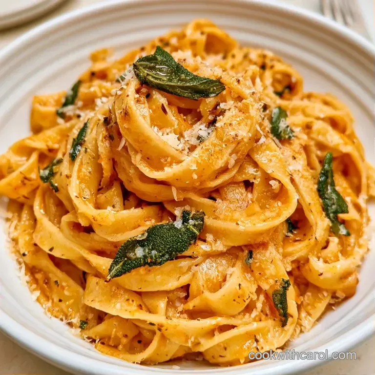 Twirled pasta nests coated in a glossy amber sauce, garnished with fried sage and a dusting of aged parmesan.