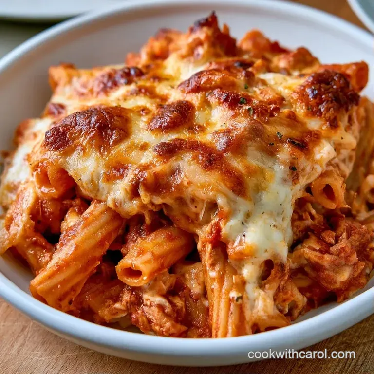 A square slice of cheesy pasta on a white plate, garnished with fresh parsley and steaming hot red sauce