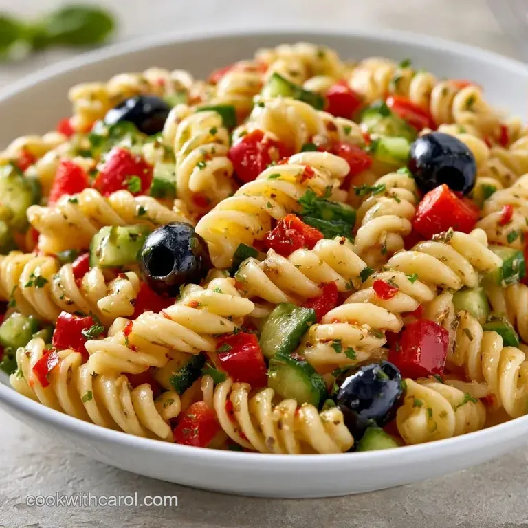 Vibrant rotini pasta mixed with crisp red and green peppers, served in a glass bowl with a sprinkle of fresh parsley.