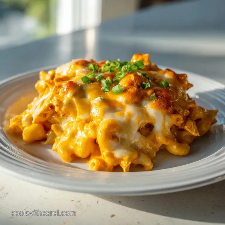Golden-brown melted cheese crust atop a creamy orange pasta bake in a black skillet with a side of fresh celery.