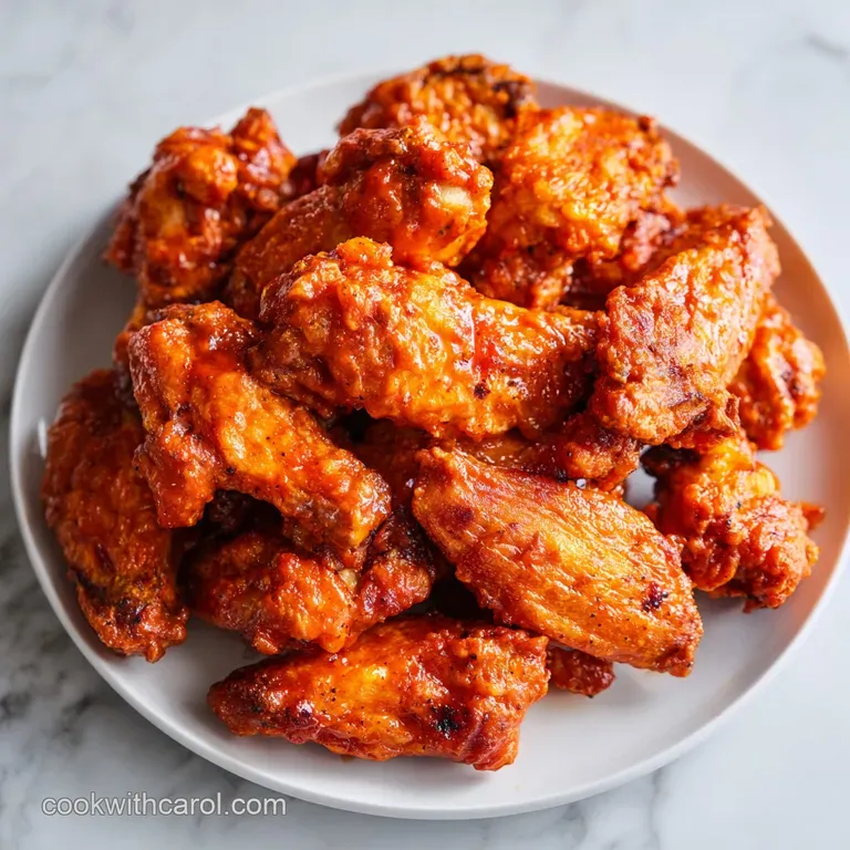 A platter of vibrant orange wings arranged around a bowl of white dip and crisp green celery sticks on a slate.