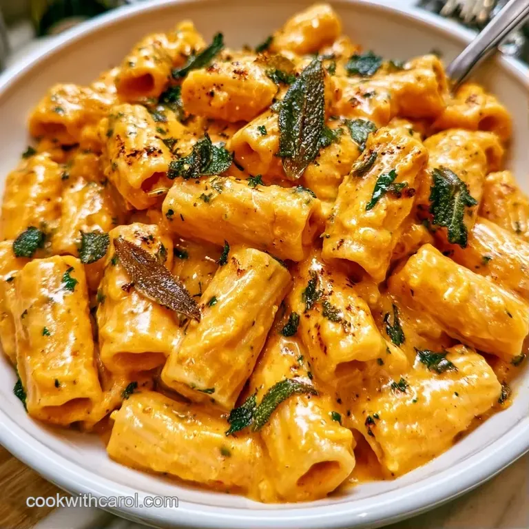 A white ceramic bowl filled with vibrant orange pasta topped with toasted sage and a dusting of white parmesan.
