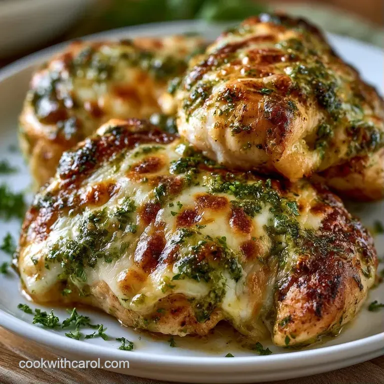 Plated juicy chicken topped with melted golden cheese and vibrant green herb sauce next to fresh garden greens.
