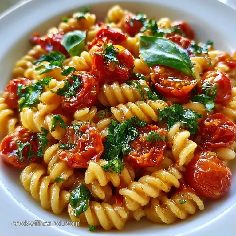 A neat swirl of pasta topped with vibrant red burst tomatoes and fresh basil on a clean white porcelain plate.