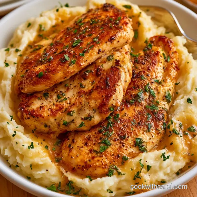 Elegant plating of golden chicken breasts resting on a cloud of smooth potatoes, garnished with fresh green herbs.