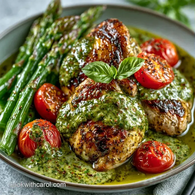 Sliced seared chicken breast drizzled with creamy green pesto on a white plate, garnished with fresh basil leaves