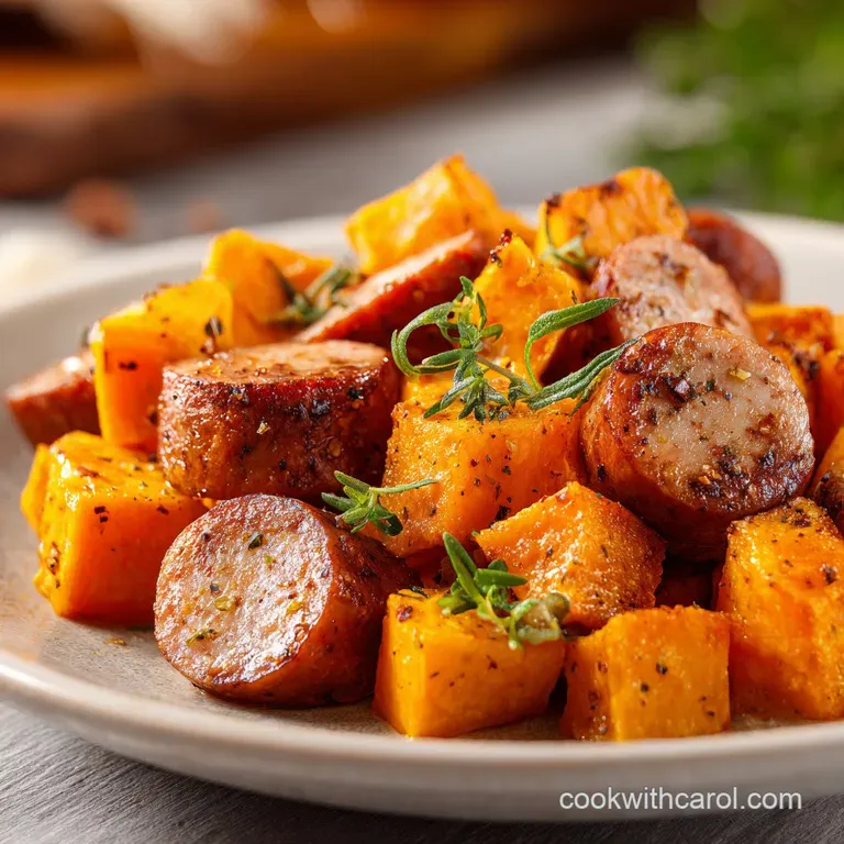 Vibrant breakfast bowl with sliced savory sausage, soft scrambled eggs, and fresh greens on a light marble surface.