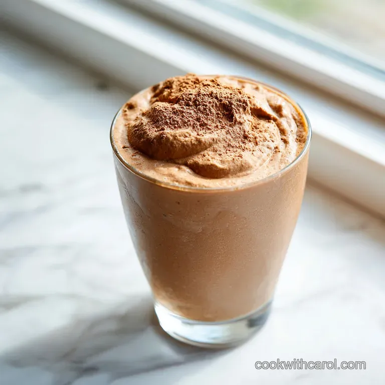 Deep chocolate smoothie in a tall glass, garnished with a delicate chocolate curl.