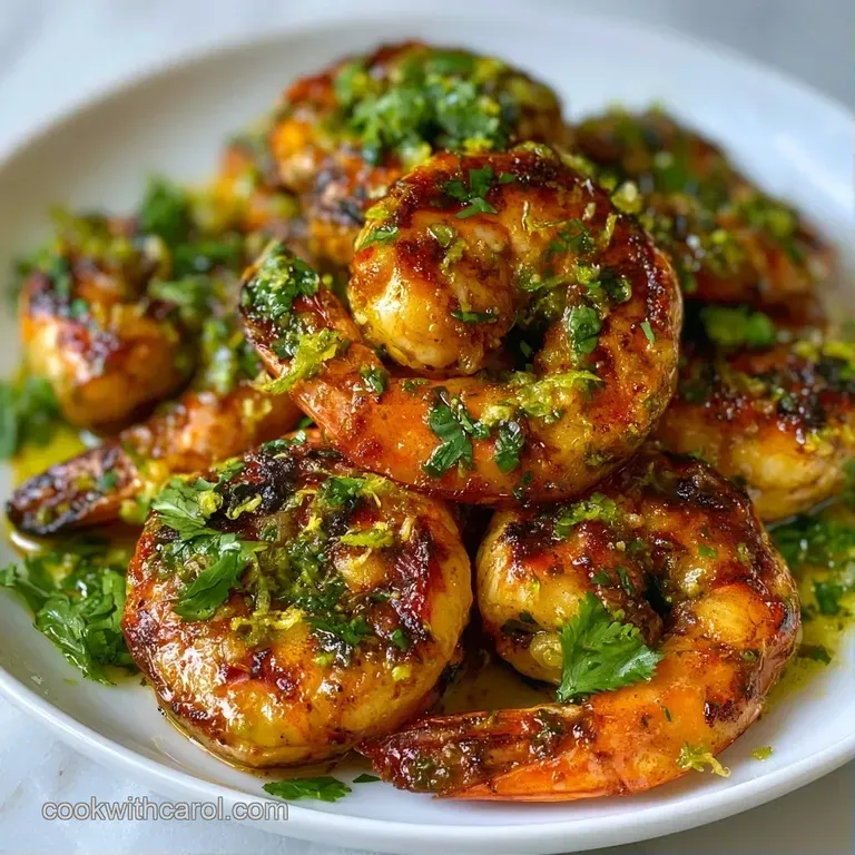 Vibrant pink grilled shrimp arranged with citrus wedges and chopped cilantro on a modern dark slate platter.