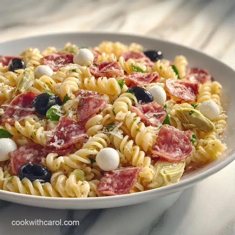 Vibrant pasta salad arranged on a white platter with fresh parsley and sliced olives for an elegant party spread.