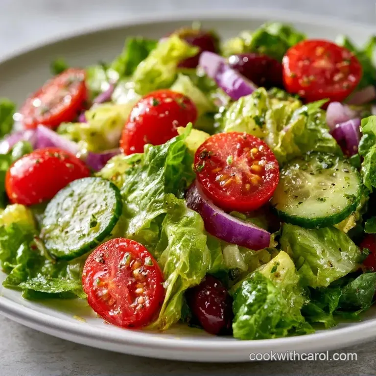 Bright red tomatoes and purple onions scattered over crisp greens in a white bowl, finished with a light drizzle.