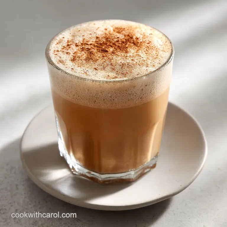 A tall chilled glass of creamy tan liquid beside a scattering of dark roasted coffee beans on a white marble slab.