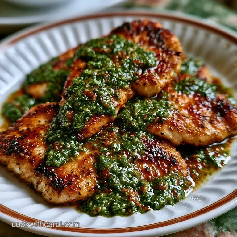 Golden seared chicken breasts drizzled with bright green herb sauce, served alongside roasted baby carrots.