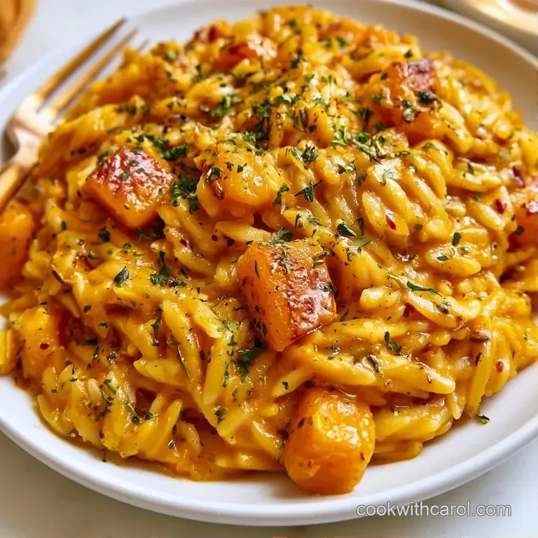A shallow white bowl of vibrant orange pasta topped with toasted pine nuts and a drizzle of brown butter.